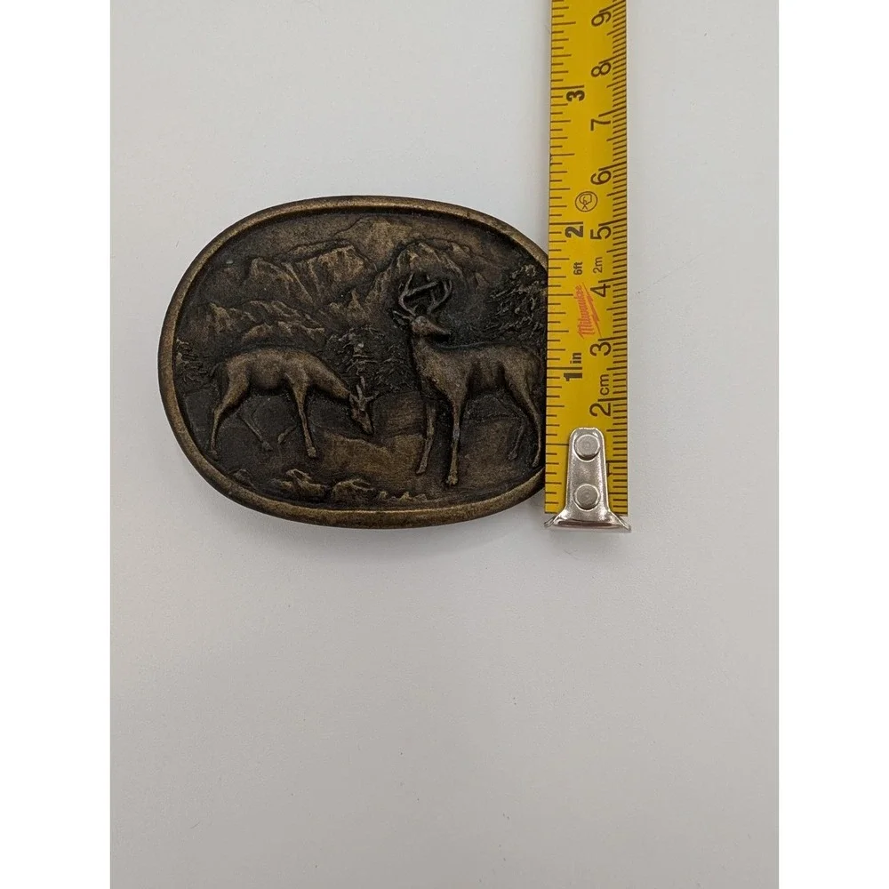 Vintage Indiana Metal Craft Brass Belt Buckle With Buck And Doe Scene
